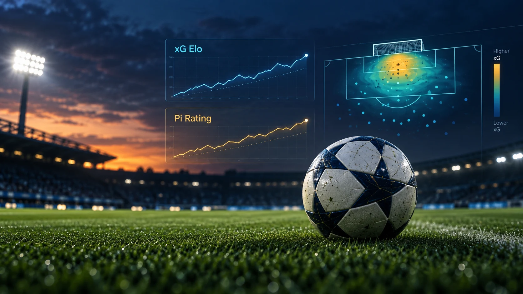 Football on a floodlit pitch with xG, xG Elo and Pi rating graphics
